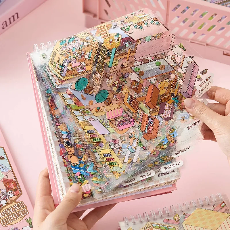 

20 IN 1 Miniaturized scene sticker Sunny Town 3d stereoscopic cartoon cabin landscape decoration sticker book