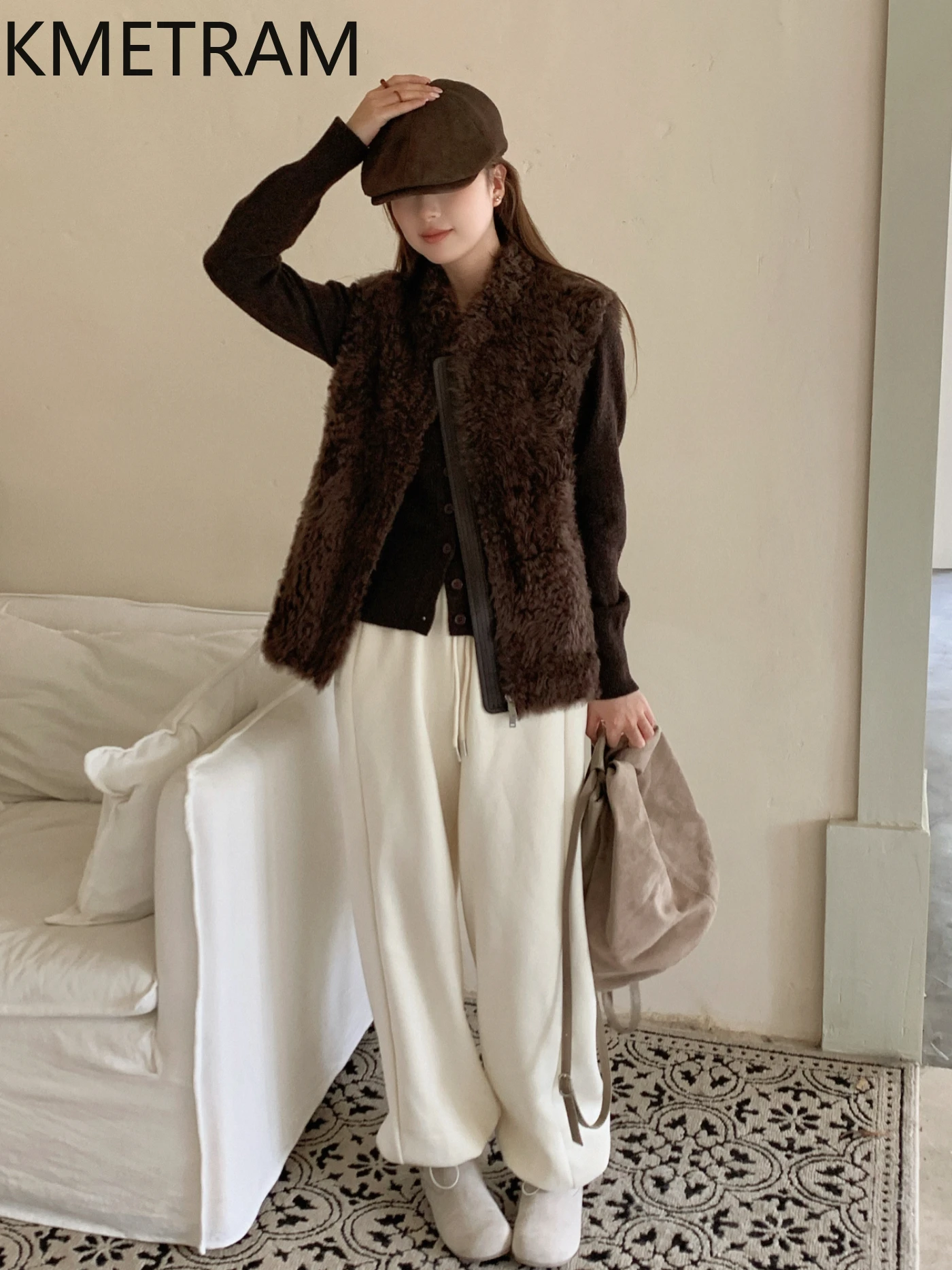 KMETRAM 100% Lacon Pelle di pecora Lana Gilet di pelliccia Donna Breve High-End Giacca di lusso Autunno-Inverno Abbigliamento semplice 2025 vestes femmes