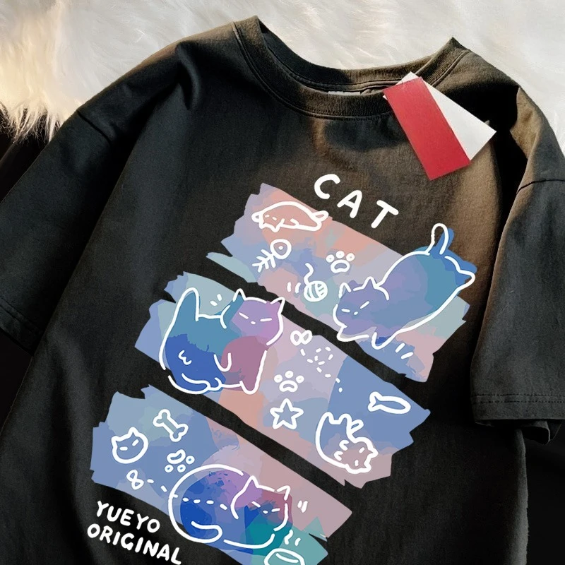 

Fun Prank Cat Print Japanese Style Women T-shirt Fashion Tshirts Breathable Summer Top Cotton Loose Round Neck T-shirt Plus Size