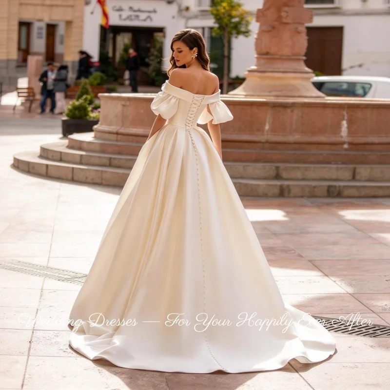 Ruffle Puff Sleeve Bridal Gown Satin A-line Off Shoulder Court Train Vestidos De Novia Customized