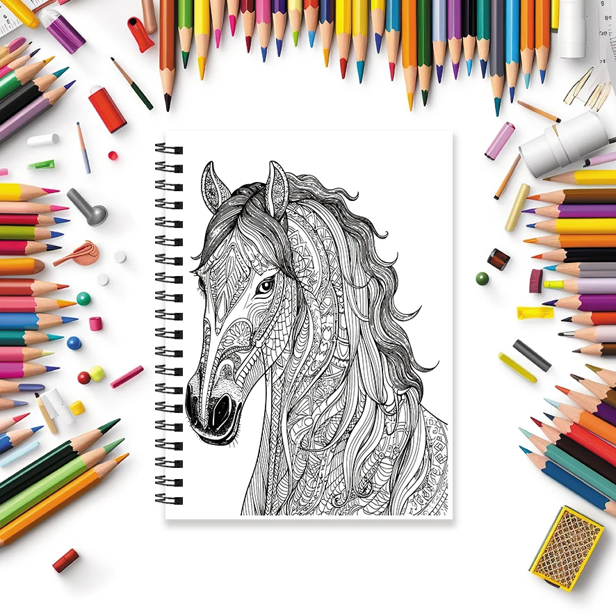 Coloring Book - 8.3 x 11.2 inches 32 pages Flowers and Horses Coloring Book - Ideal gift for family or friends