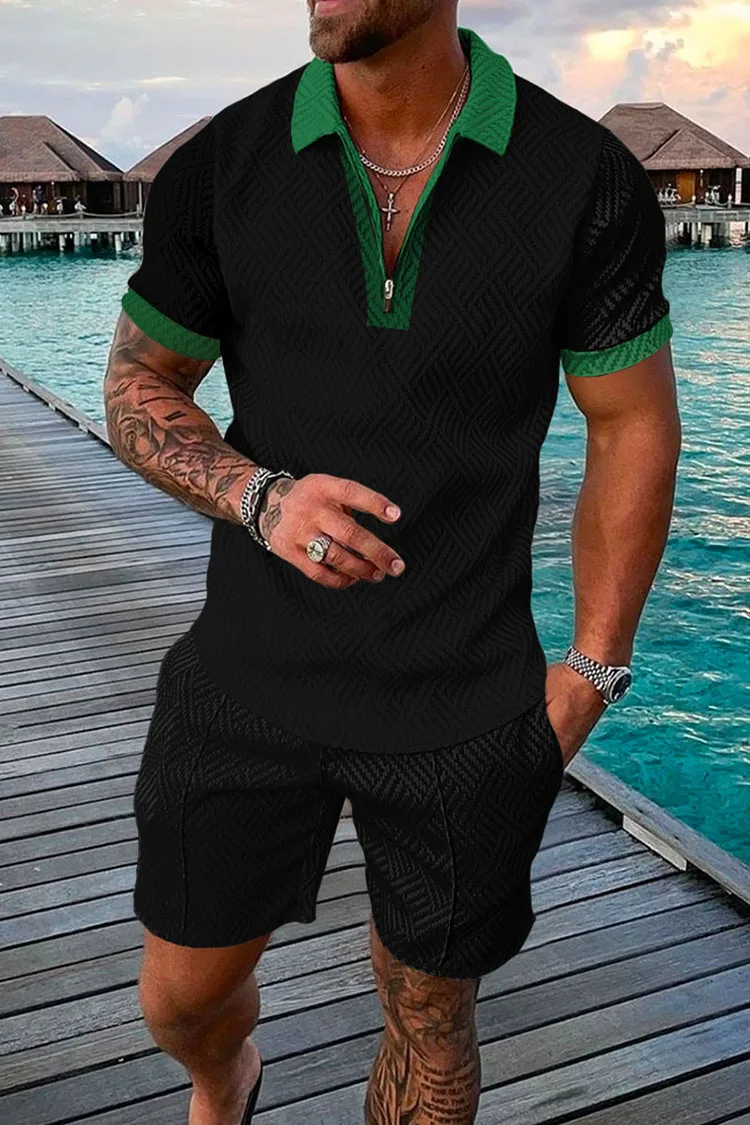 Men Summer Polo Shirt Set 2 Pieces Hawaii Tracksuit Casual Business Suit Fashion Trun Down Collar Zipper Clothing Vintage Outfit
