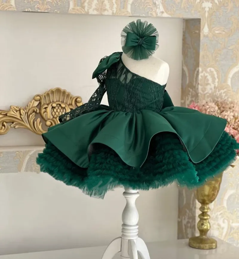 

Cute Birthday Dress Emerald Green Tulle Satin Baby Girls Dress Tutu Outfit Ball Gown Party Dress Kid Gift