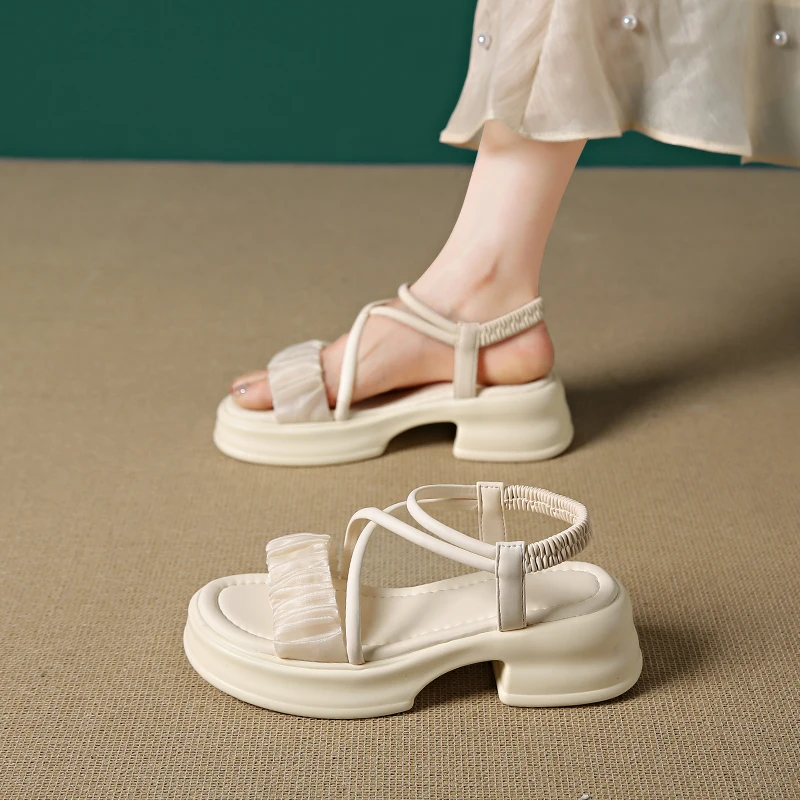 女性サンダルレースデニム女性のエスパドリーユプラットフォーム高さの増加ハイヒール-2025-夏の女の子漆レースハイヒール