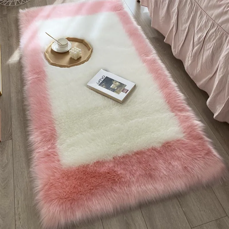 Pink Color Faux Sheepskin Bedside Carpet Warm Hairy Wool Carpet Fluffy Area Rugs Washable Sofa Chair Cushion Rugs Bedroom Carpet