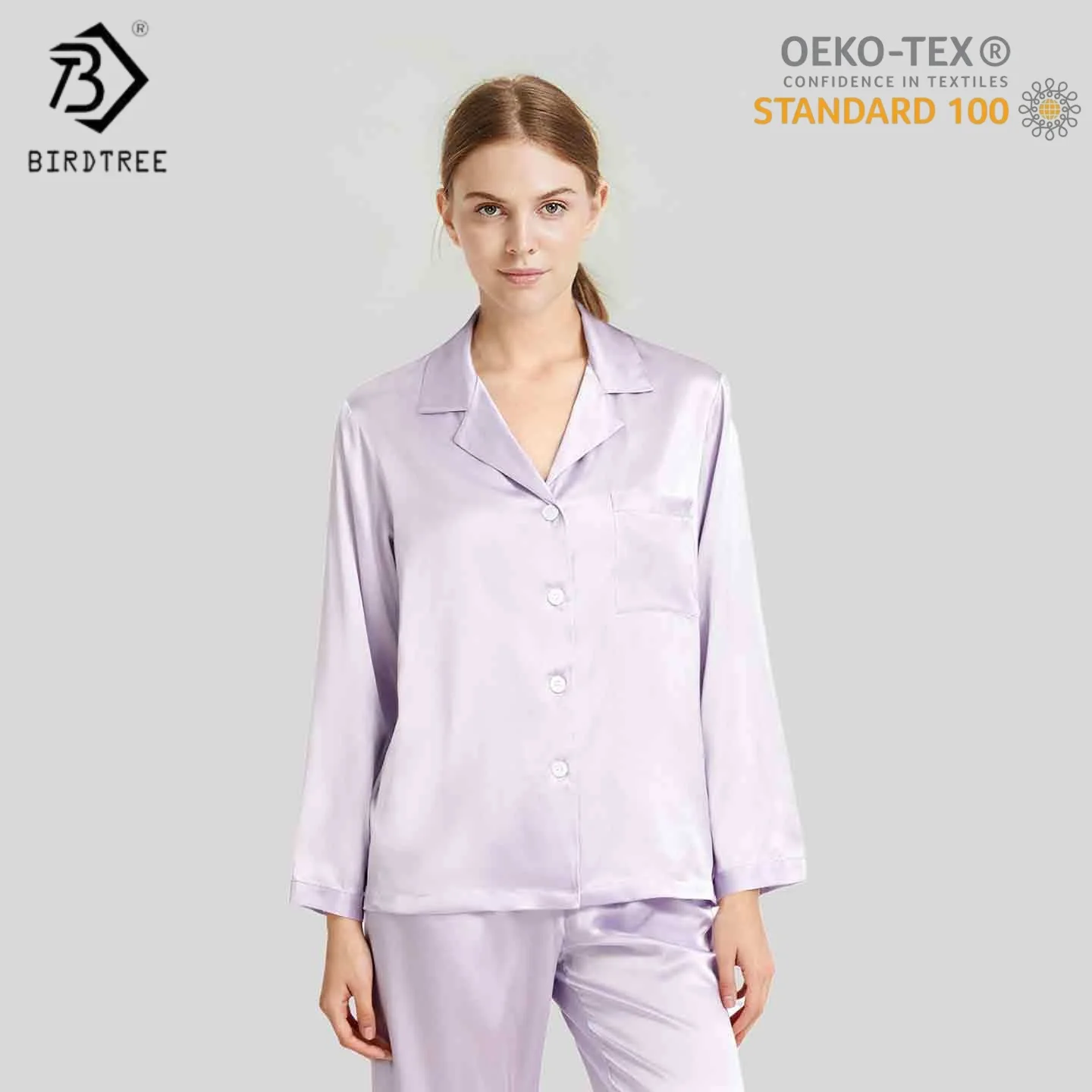 

BirdTree,OEKO-TEX,100%Mulberry Silk Pajamas Set,with Padded Cups,Women's Solid Sleep Home Clothes, 2025 Autumn Winter P5D202JF