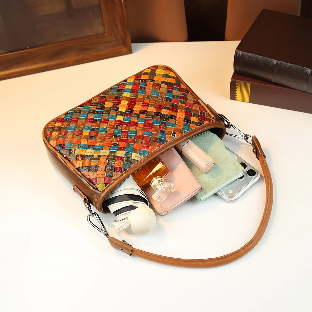Retro Colorful Woven Genuine Leather Shoulder Bag Luxury Hand-Woven Multi-Color Patchwork Crossbody Bag Vintage Underarm Bag view 6