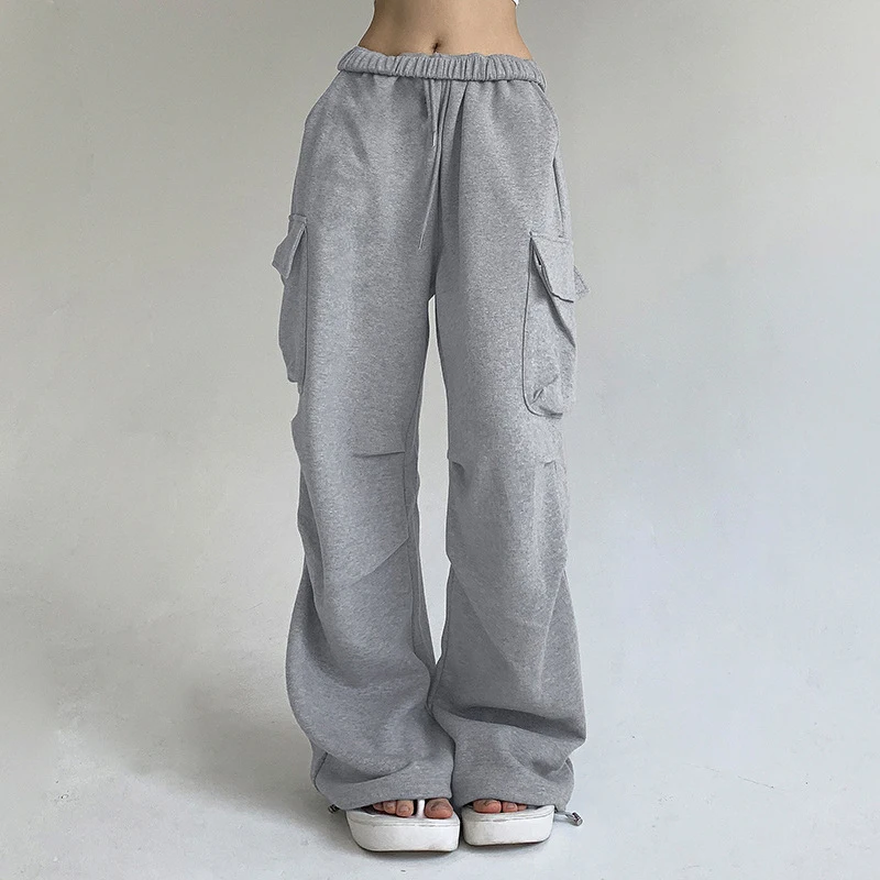

Casual Solid Cargo Pants Women All Match Drawstring Elastic Wide Leg Pockets Female Straight Sweatpants Sport Loose Long Trouser