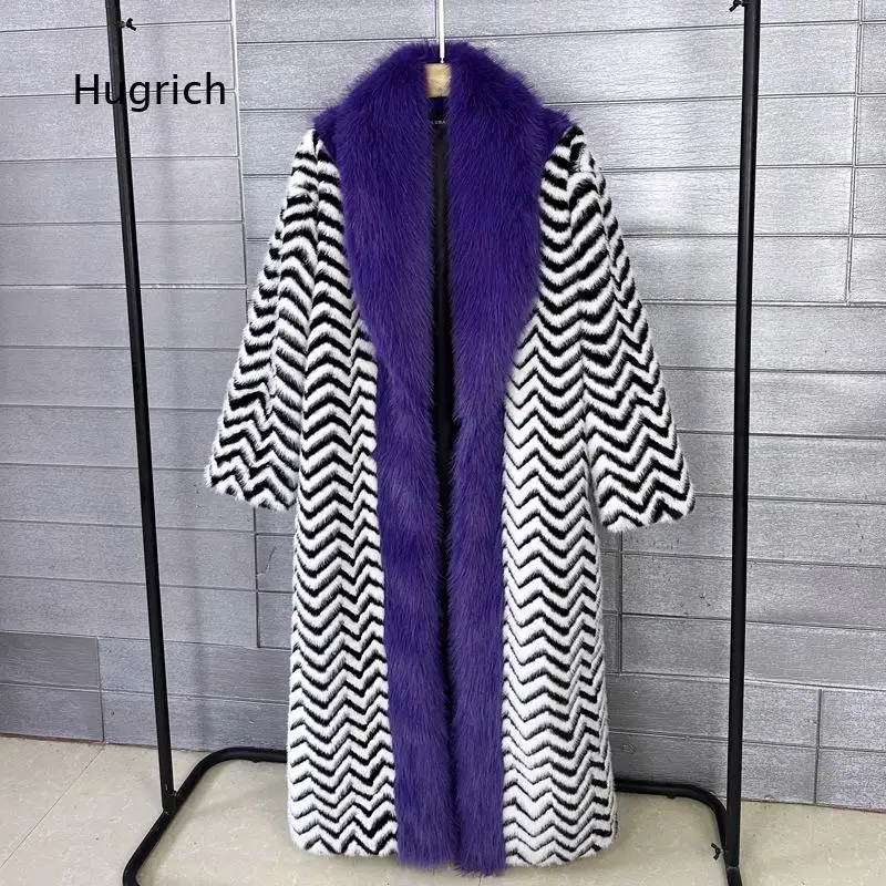 European Style Faux Fur Long Over Knee Coat Notch Collar Color Block Spliced Faux Toka Fur Outerwear For Women Winter Daily And