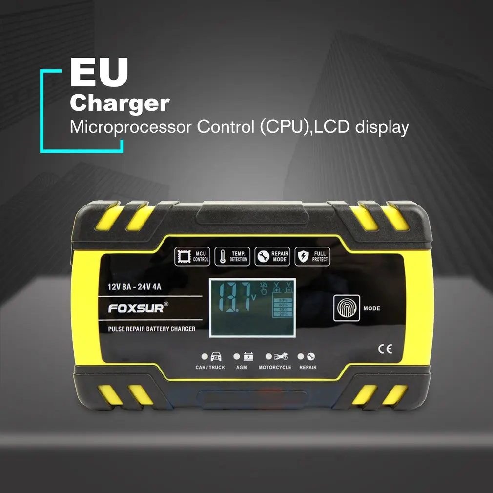 

EU Car Battery Charger 12V/8A 24V/4A Automatic Smart Batteries Maintainer LCD Display Pulse Cars Motorcycle Repair Chargers Pack