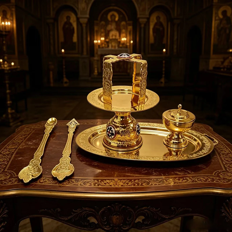 Traditional Byzantine Orthodox Altar Set Gold Metal Icon Plate Diskos with Liturgical Spoons and Vessel Church Supplies Gift Set