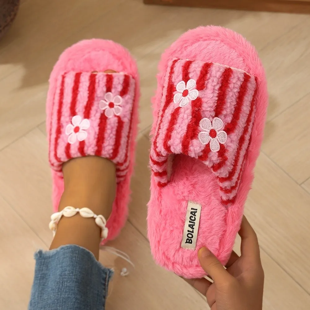 Ins Flower Fur Indoor Slippers Short Keep Warm Home Slippers Colorful Striped Anti-slip Winter Cotton Slides Autumn
