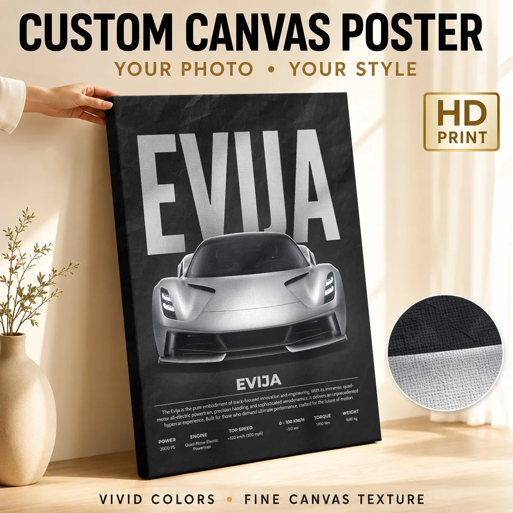 Sleek Silver British Evija Hypercar Framed Canvas Print Poster Customized Photo Modern Canvas Wall Art Garage And Office Decor