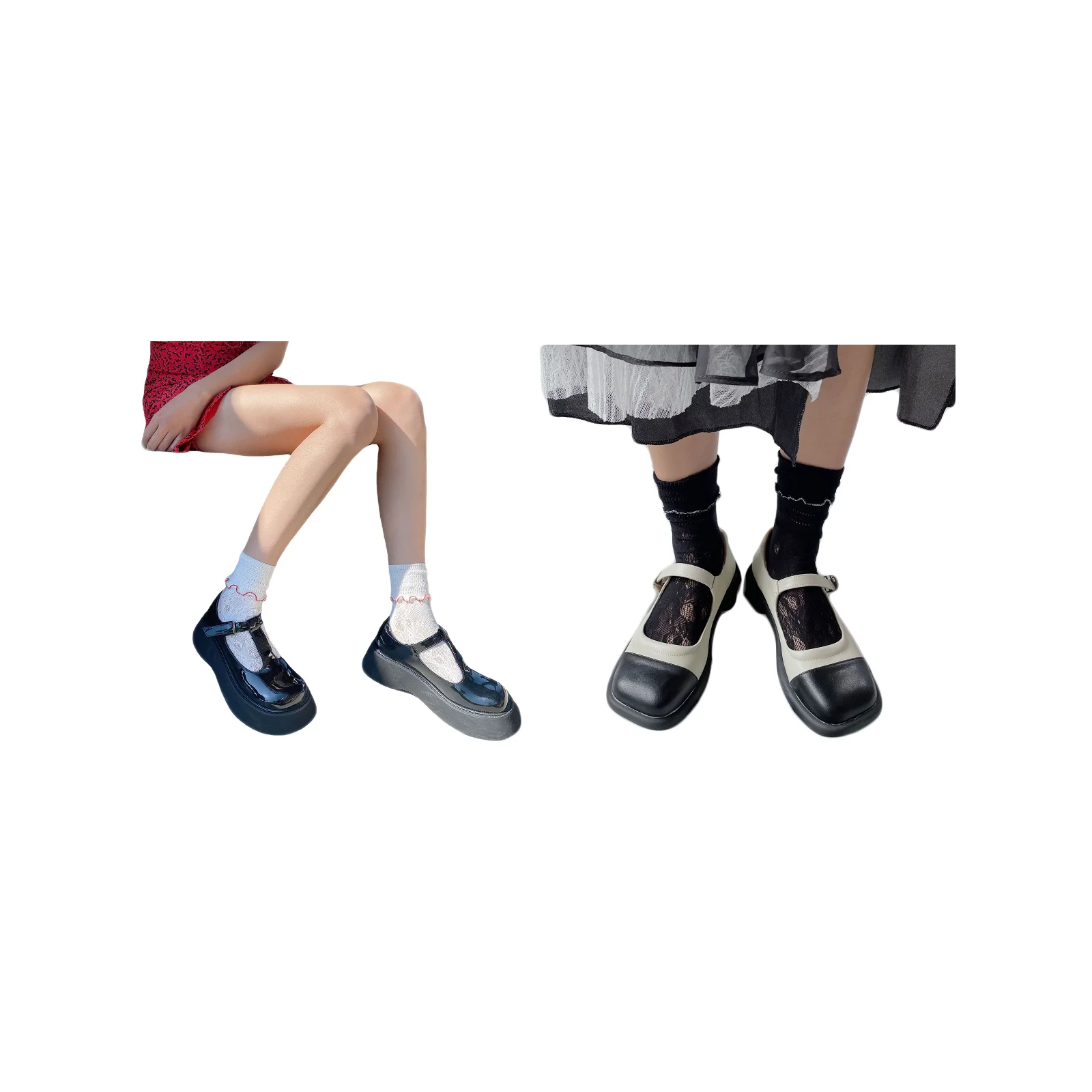 Japanese girl heart hollow lace pile socks combination set, one pair each in white and black