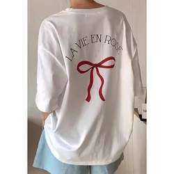 Women's Summer Pure Cotton T-shirt with Bow Print Round Neck Oversizer Short Sleeve Loose Leisure Breathable Fashion Sweatshirt