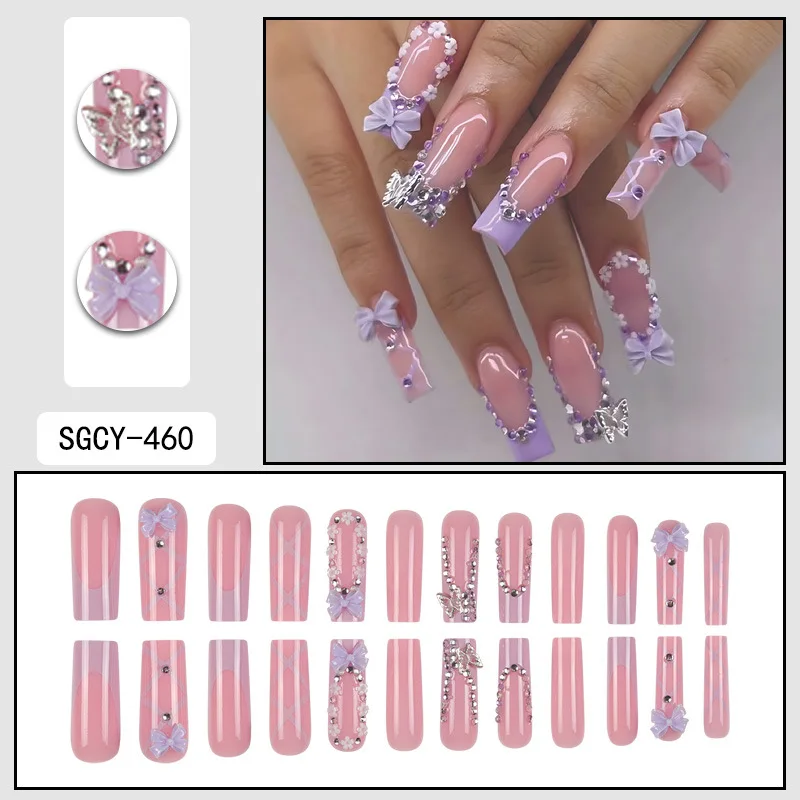 24pcs Long Coffin Ballet False Nails Purple French Style Cute Bowknots Butterfly Rhinestone Press On Nails Wearable Fake Nail