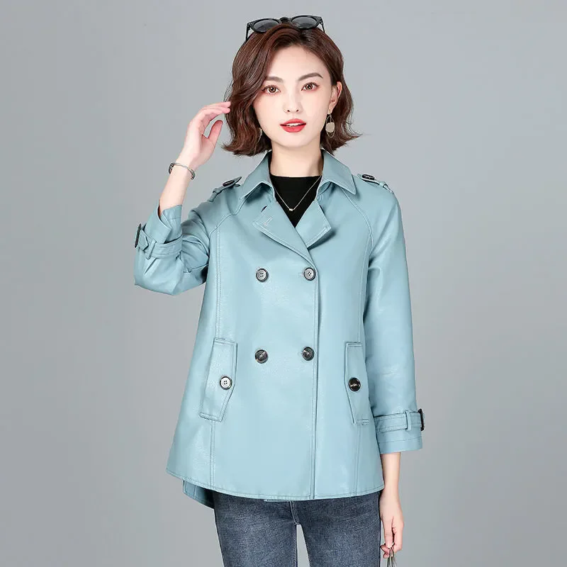 Chaqueta de cuero para mujer primavera otoño nueva moda coreana solapa doble botonadura Color sólido abrigo de cuero mujer prendas de vestir sueltas W775