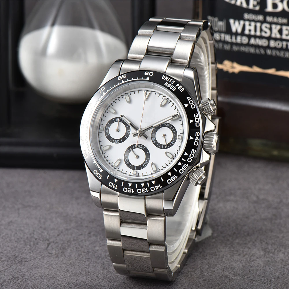 Customized 39mm DTN VK63 Movement Men\'s Watch Panda Three Eye Quartz Watch Sapphire Stainless Steel Waterproof Timing Code