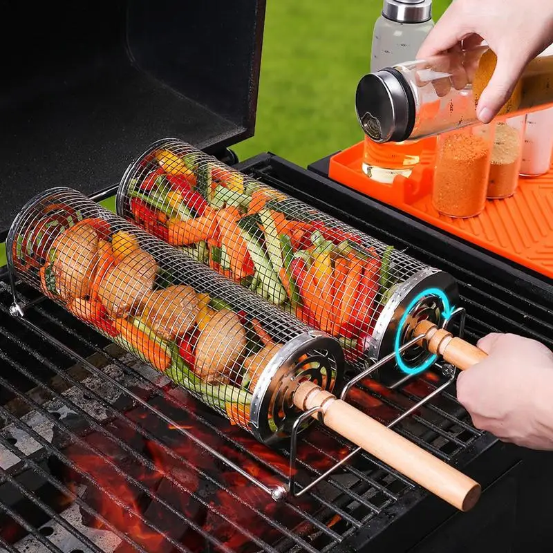 

Stainless Steel Rolling Grilling Basket Wire Mesh Cylinder Grill Basket Portable Round Outdoor Camping Barbecue Rack BBQ Basket