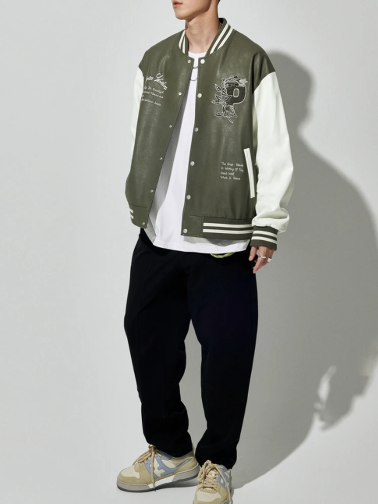 

Men's Baseball Collar Embroidered Print Faux Leather Jaet Autumn Winter Street Sle ort Length C35H4 Trendy Coat