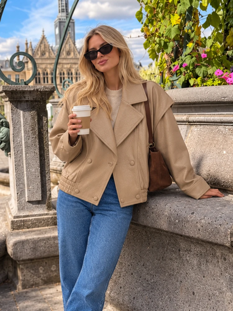 HH Women Spring Fall Faux Leather Cropped Jacket Wide Notched Lapel Cape‑Like Loose Outerwear For Street Date Business Casual