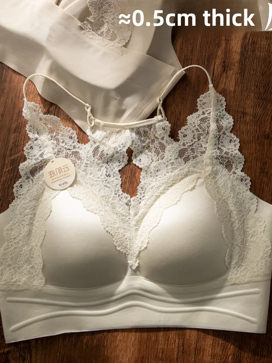 Seamless Lace Bralette Women's Gathered Anti-Sagging Thin Pad Prevent Exposure Integrated Innerwear Short Style Home Leisure