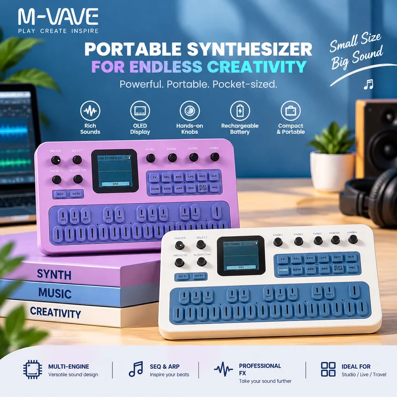 In stock M-VAVE（SK15）FM-1 Bluetooth Synthesizer Portable Handheld Sound Source 128 Presets Built-in Speaker MIDI keyboard ﻿