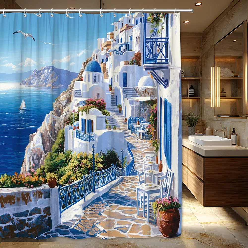 

Santorini Greece Shower Curtain, Blue & White Coastal Town Print, Waterproof Polyester Bathroom Curtain with Hooks