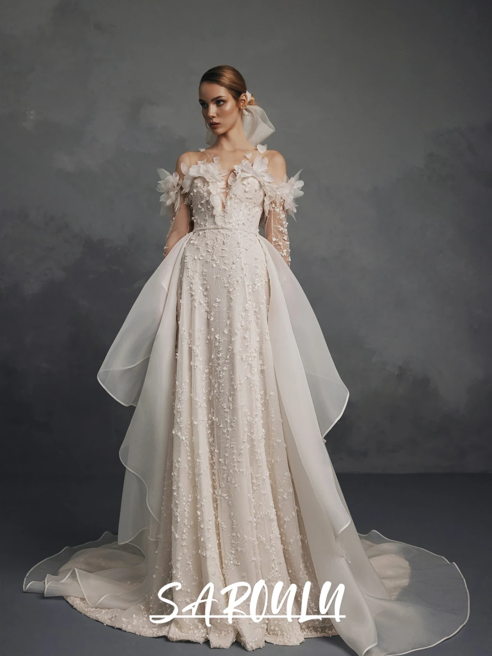 

Fairy Flowers Off-the-shoulder Wedding Dress Intricate A Line Open Back Bridal Gown Modern 2 in 1 Shiny Customized Bride Wear