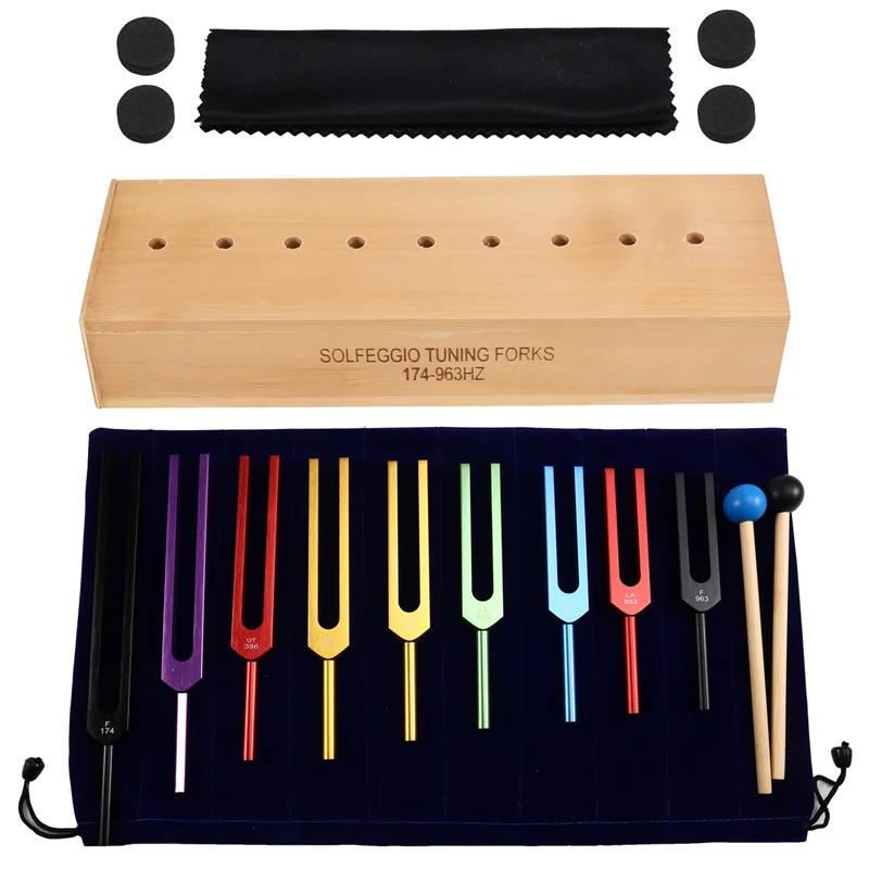 

XFDZ-Yoga And Meditation 9 Colored Tuning Forks Set Including Hammer In A Sturdy Wooden Box For Enhanced Relaxation
