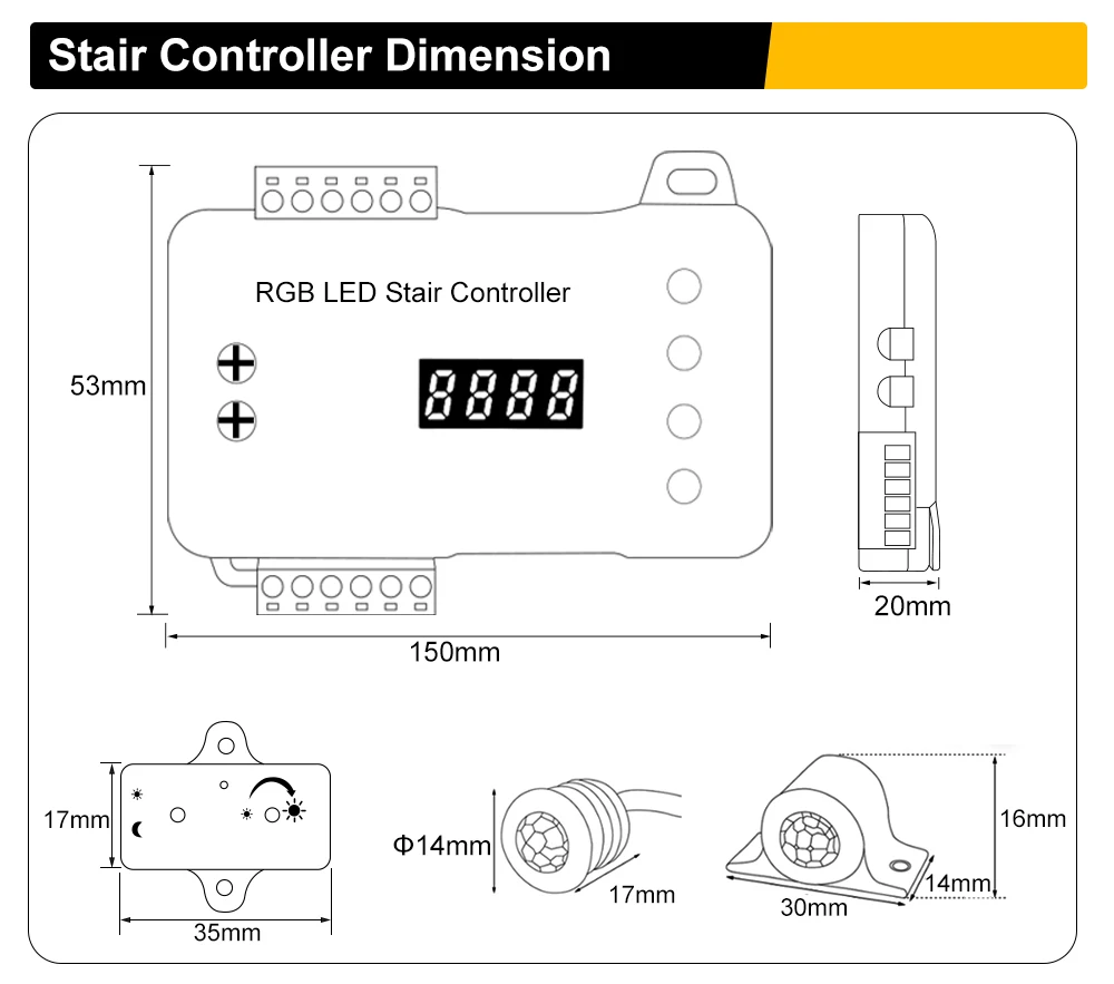 RGB LED Stair Light Strip PIR Motion Sensor Dimming Daylight Sensor Easy Connect Installation for Stairs Step Decorative Lamp