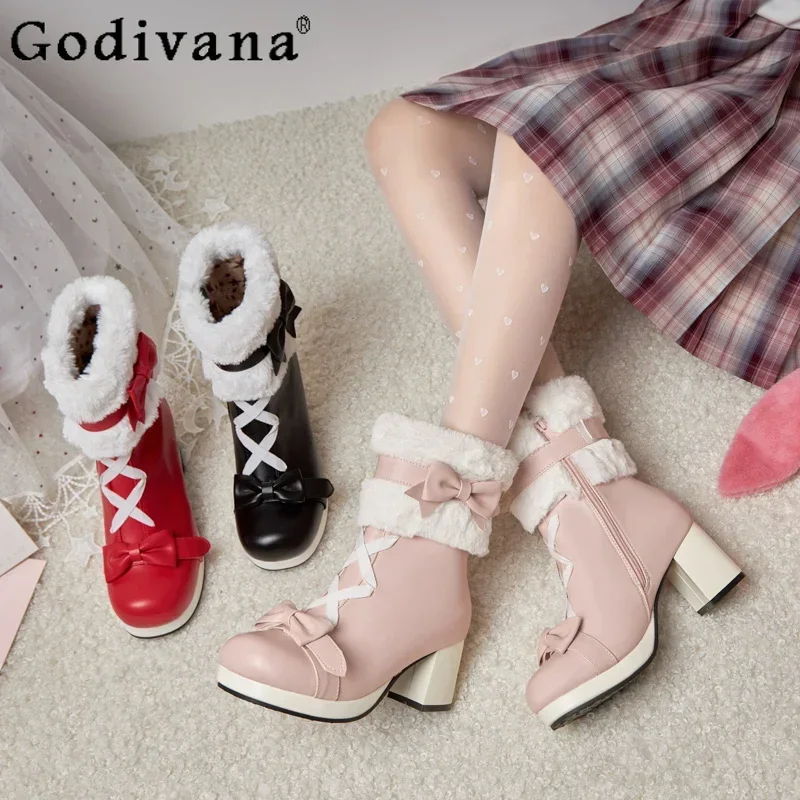 

Original Lolita Ankle Boots Female Sweet Cute Bow Velvet Warm Winter Short Snow Boots Student Pink Lo High Heels Platform Shoes