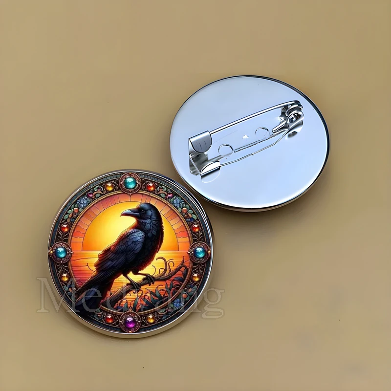 Black Crow Pattern Brooch Black Crow Photo Glass Dome Badge Pin Jewelry Clothes Backpack Accessory