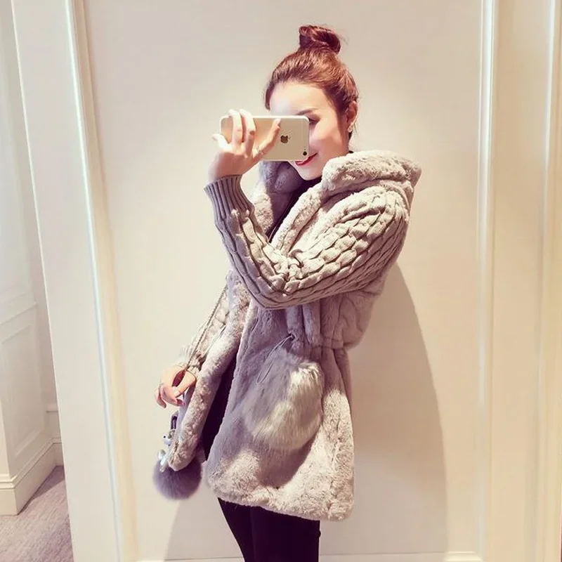 Spring Autumn Jacket Women Hooded Coat Furry Faux Fur Knit Sweater Coat Big Pocketswomen Coats And Jacket Plus Size Women Jacket