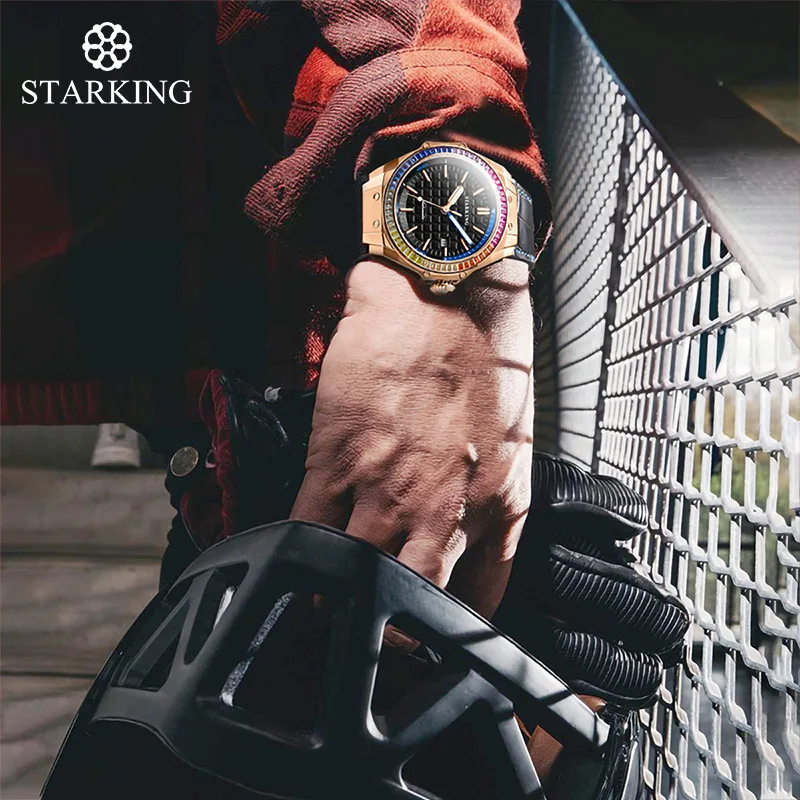 STARKING Men Watch MIYOTA Movement Mechanical Watches Sapphire Glass 50M Waterproof Leather Strap Calendar Relogio Masculino