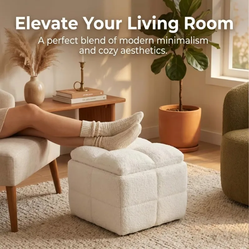Teddy Fleece Storage Cube – Square Upholstered Ottoman with Hidden Storage, Multifunctional Footstool, Storage Box sofa