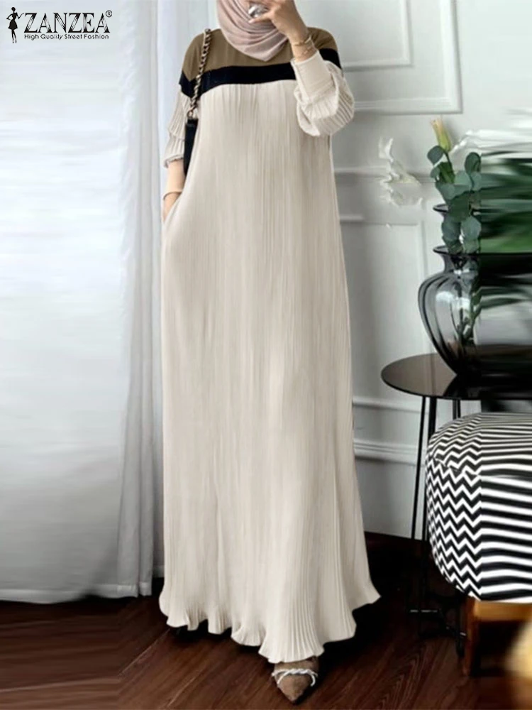 

Autumn Elegant Long Sleeve Pleated Muslim Dress 2024 ZANZEA Fashion Women Maxi Long Sundress Casual Patchwork Dresses Robe Femme