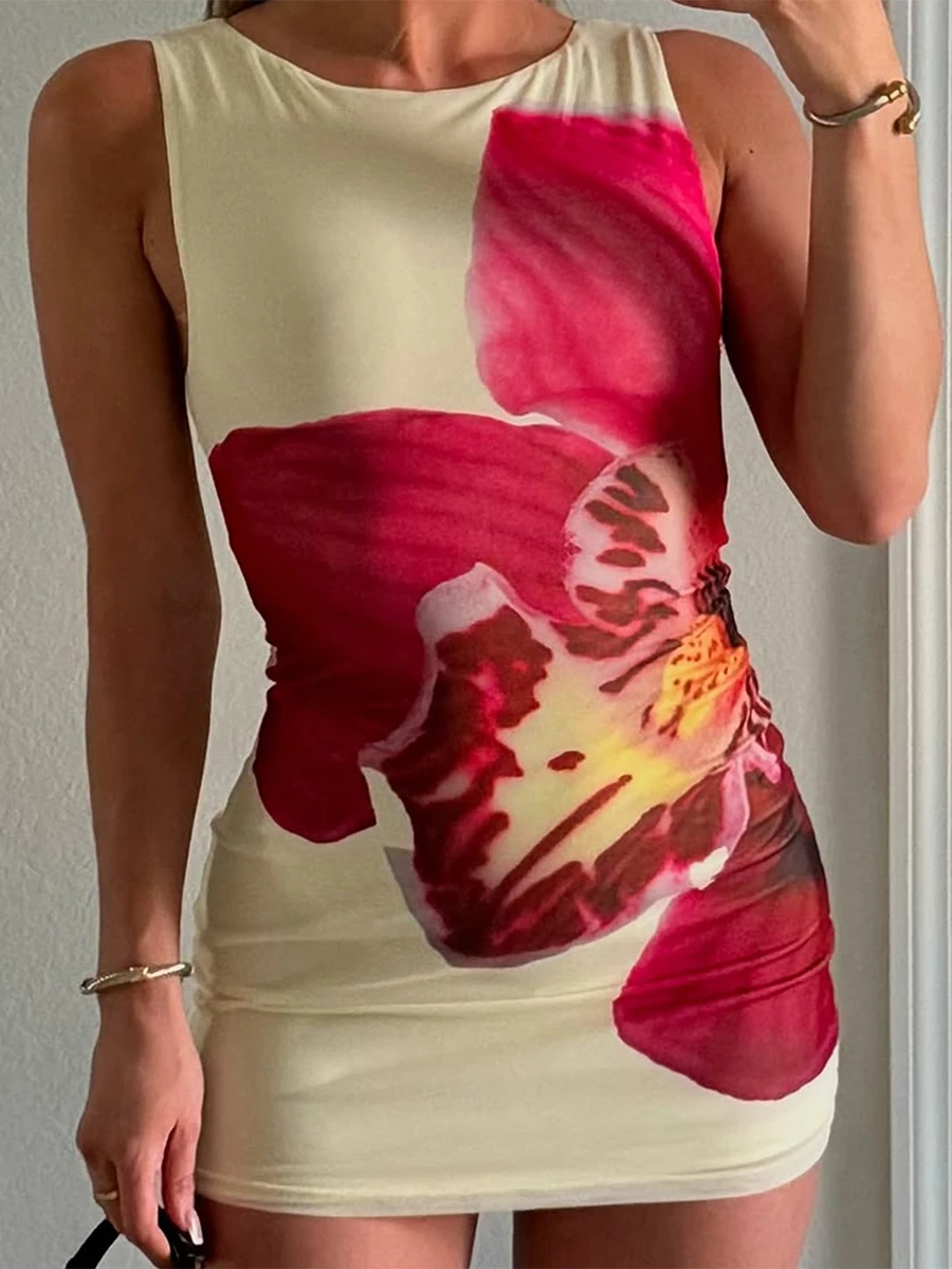 ผู้หญิงชุดเดรสแขนกุดคอลูกเรือพิมพ์ดอกไม้ Slim ฤดูร้อนชุดเข้ารูปชุดมินิเดรส