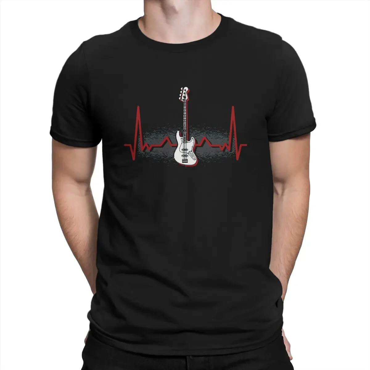 Bass Guitar Rock Music Newest TShirt for Men Heartbeat Lover  Round Neck Basic T Shirt Hip Hop Gift Clothes Streetwear