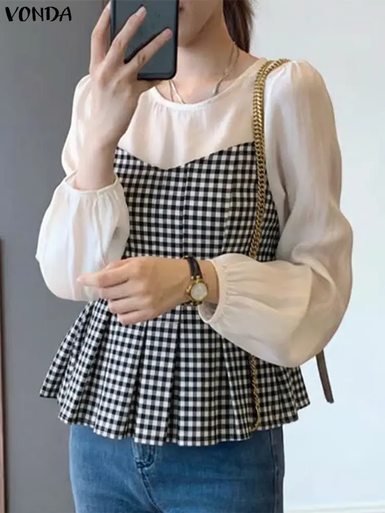 VONDA Modne Bluzki Damskie z Długim Rękawem w Kratę, Jesień 2025, Okrągły Dekolt, Eleganckie Koszule Biurowe w Stylu Koreańskim, Bluzka