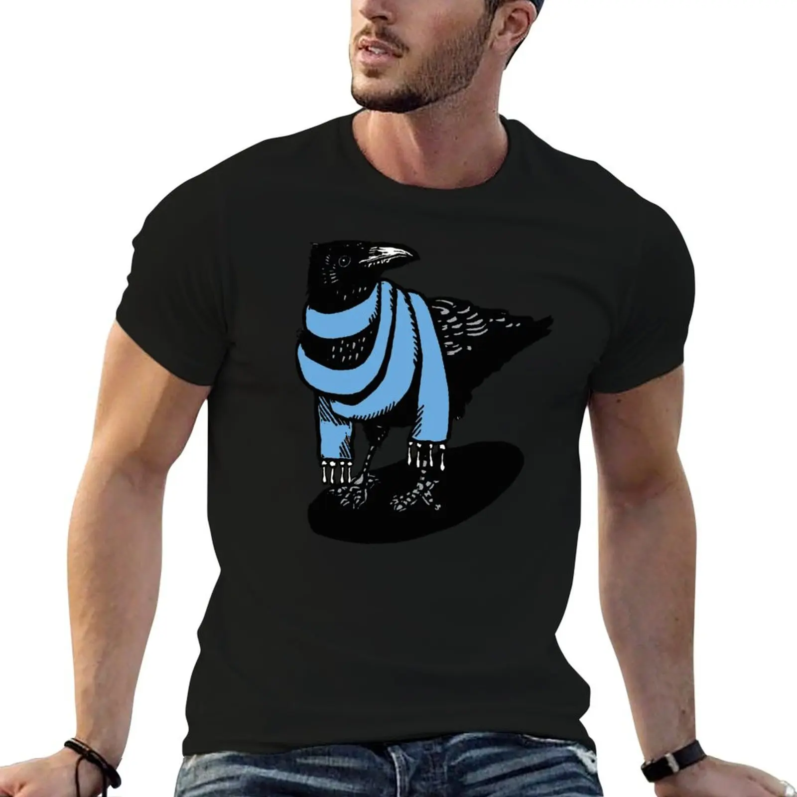 Sky Blue Scarfed crow T-Shirt for a boy sports fans shirts graphic tee anime mens graphic t-shirts pack