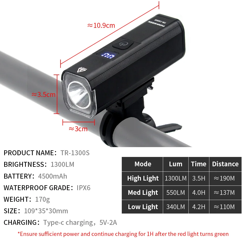 ThinkRider Bike Light 1300Lumen 4500mAh Bicycle Headlight Flashlight Handlebar USB Charging MTB Road Cycling Highligh