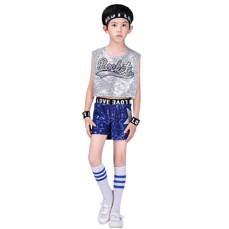 Bambini ragazze ragazzi uniformi di paillettes vestito Cheerleader abbigliamento Crop Top e gonna/pantaloncini Set Street Dance costumi Jazz