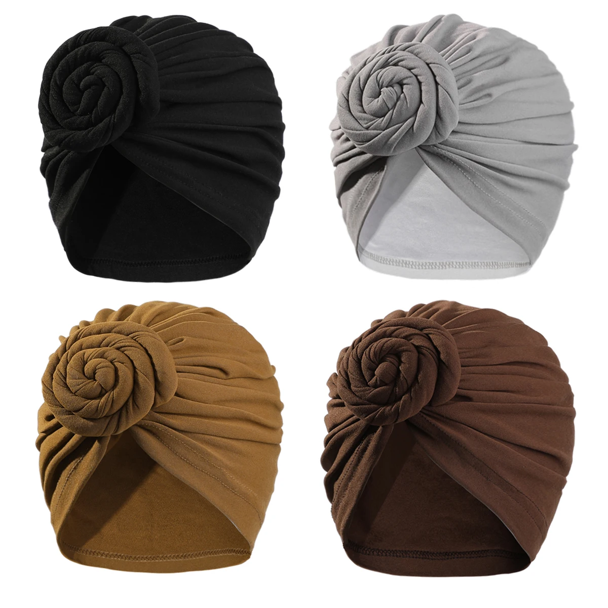 4Pcs African Turbans for Women Flower Knot Pre-Tied Bonnet Hair Wrap Soft Cotton Hijab Cap Muslim Ladies Head Scarf Headwrap