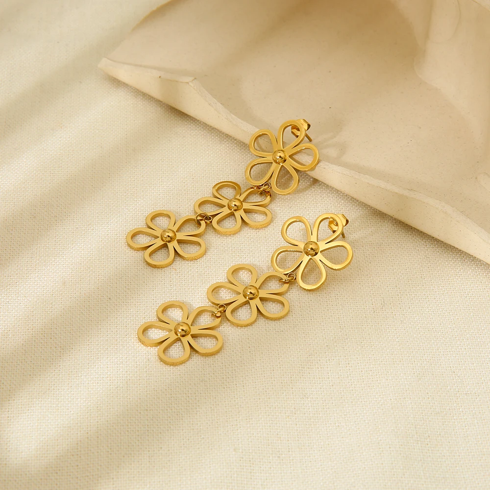 Waterproof Jewelry 18K Gold Plated Stainless Steel Flowers Design Women Fancy Dangle Studs Earrings for Holidays Party Gift
