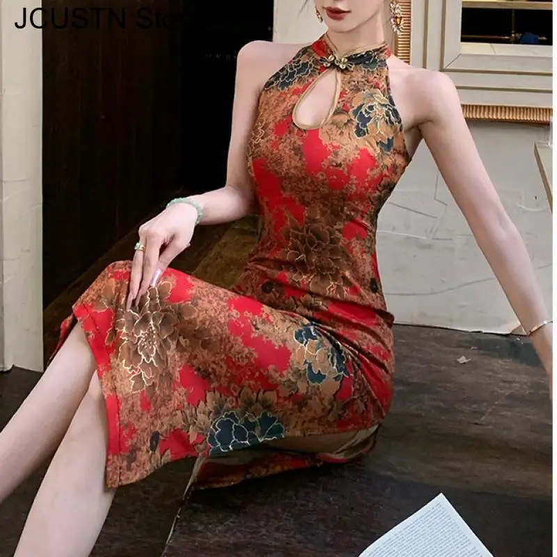 Sexy Party Dress Women New Chinese Style Qipao Dresses Vintage Slim Sleeveless Evening Vestidos Halter Printed Split Cheongsam