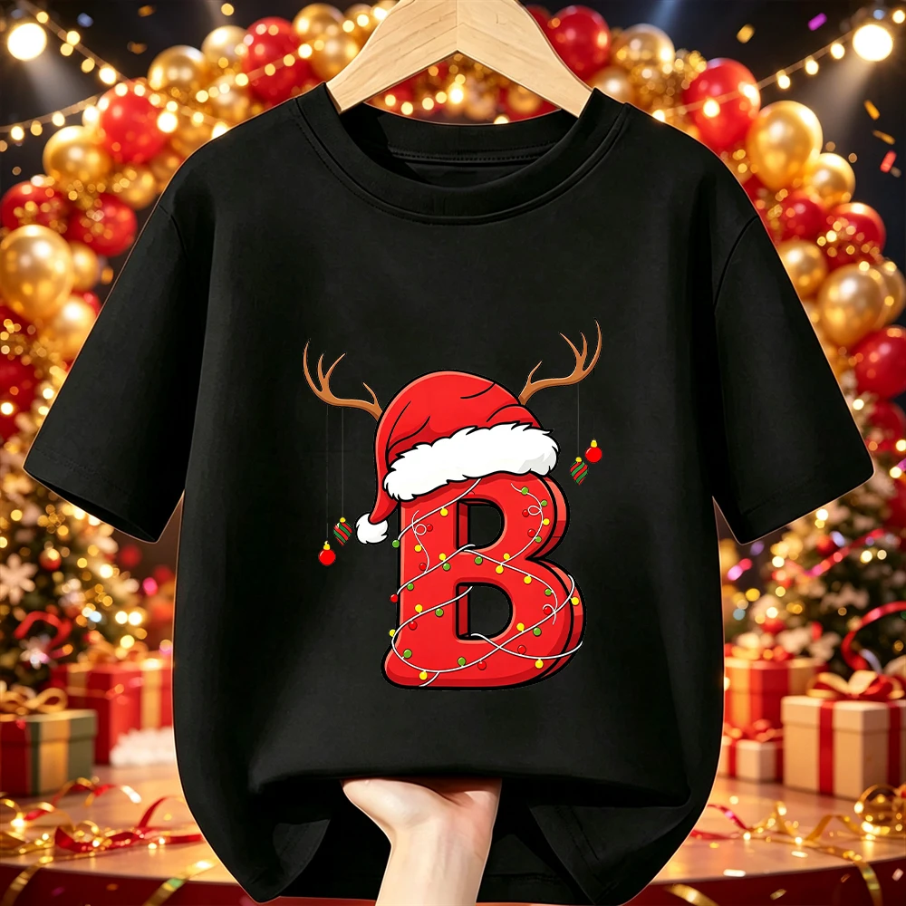Cotton Kids Christmas T‑Shirt Cartoon Santa Antlers String Light A‑Z Print Short Sleeve O‑Neck X‑mas Party Tee Children Clothing