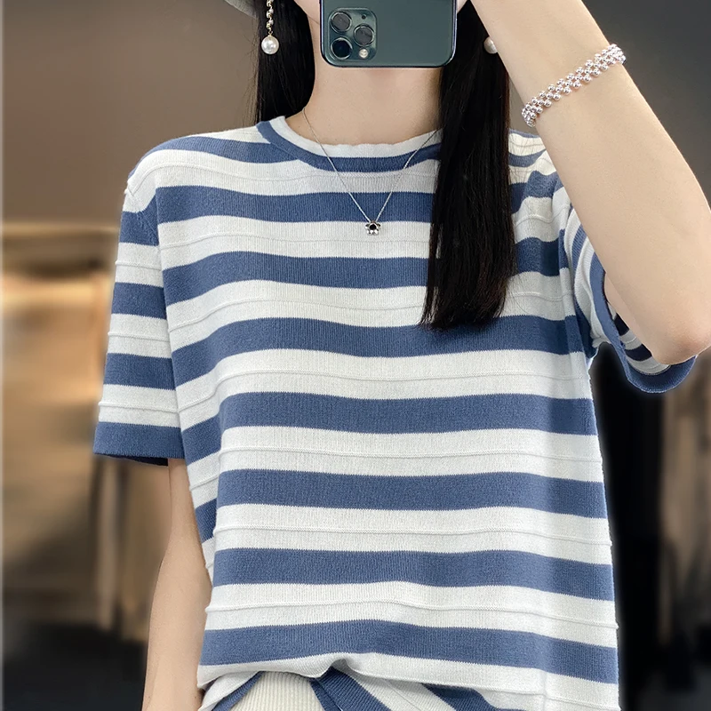 

Women's T-Shirt Summer 100% Cotton Sweater Short Sleeve Striped Knitted Round Neck Ladies Tops Loose Blouse Pullover Tees