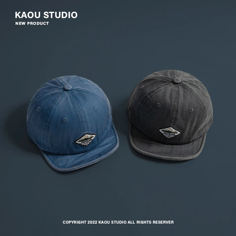 Short-Brimmed Hat Men\'s Washed Denim Soft Brim Peaked Cap Women\'s Style Distressed Patch Big Head Circumference Baseball Cap