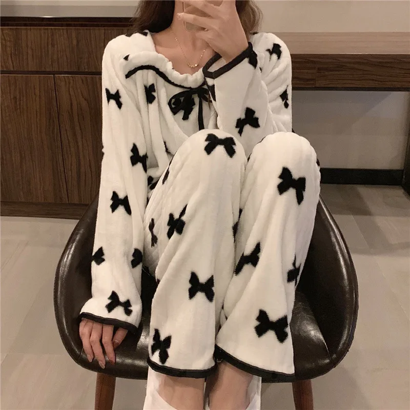 

Women's Clothing Pajamas Winter Thicken Keep Warm Bow Minimalist At Home Outdoors Exquisite Cute Hit Product New Product Kawaii